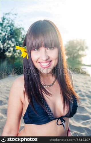 Summertime fun. Skincare and beauty face. Sensual girl with long healthy hair outdoors.