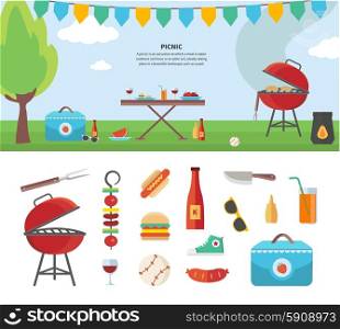 Summertime holiday template with picnic outdoor summer accessories, illustration and icon set flat design of traveling, holiday. For web banners, promotional materials, presentation templates
