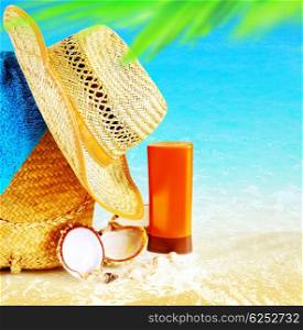 Summertime holidays background, concept image of vacation and travel, beach items on the sand, paradise island for relaxing getaway, natural spa resort, freedom lifestyle