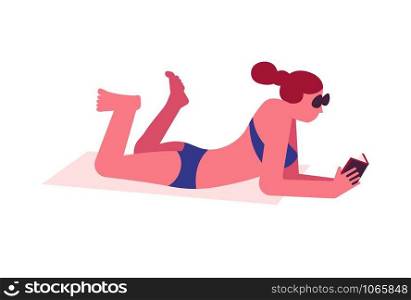 Summertime woman on beach in swimsuit and sunglasses reading book isolated icon girl have rest on seaside education and entertainment swimwear and accessory sun tan and sunbathing on towel vector.. Summertime woman on beach in swimsuit and sunglasses reading book