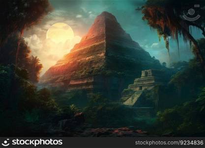Sun ancient pyramid sunset. Great stone. Generate Ai. Sun ancient pyramid sunset. Generate Ai