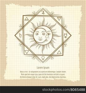 Sun and moon on vintage background. Alchemy elements and sun and moon on vintage style background. Vector illustration