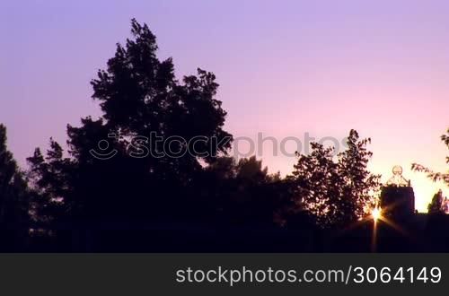 sun disappears behind the trees at sunset