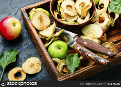 Sun-dried apple slices or apple chips and fresh apple.Dried fruits. Dried apple rings