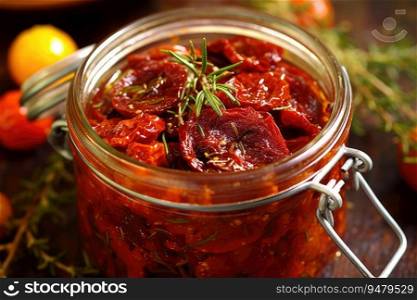 Sun-dried tomatoes marinated in olive. Generative AI