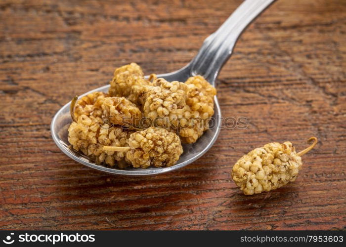 sun-dried white mulberry berries on a tablespoon against rustic wood