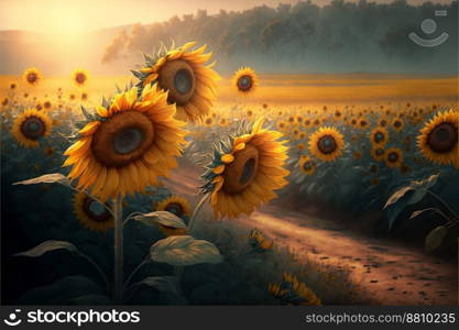 Sun flower field in the morning