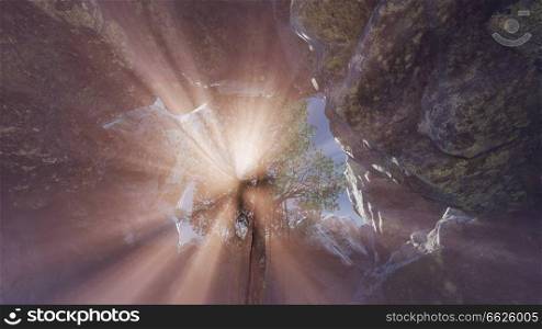 sun light inside mysterious tone cave with fog. Sun Light inside Mysterious Cave