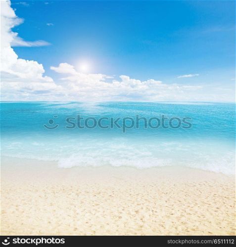 Sun over tropical beach. Clear sky and island beach. Summer shot. Sun over tropical beach