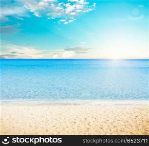 Sun over tropical beach. Sun over tropical beach. Summer vacations day landscape. Sun over tropical beach