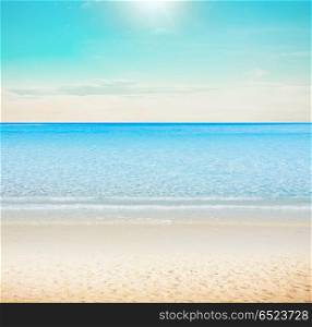 Sun over tropical beach. Sun over tropical beach. Summer vacations landscape. Sun over tropical beach