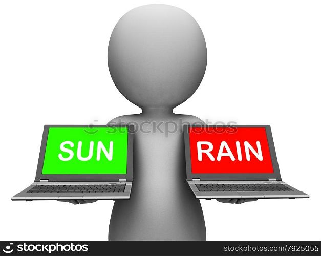 Sun Rain Laptops Showing Weather Forecast Sunny or Raining