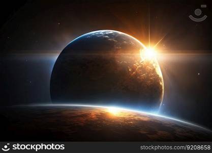 sun rays illuminating the planet, creating a magical and enchanting atmosphere, created with generative ai. sun rays illuminating the planet, creating a magical and enchanting atmosphere