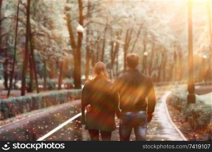 sun rays in the autumn park, a couple in love / young man and woman are walking, autumn view of the sunny park, the rays of the sun, warm autumn background