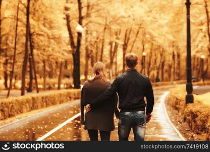 sun rays in the autumn park, a couple in love / young man and woman are walking, autumn view of the sunny park, the rays of the sun, warm autumn background