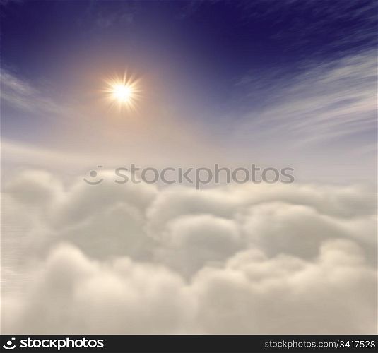 sun rising amongst fluffy clouds in heaven
