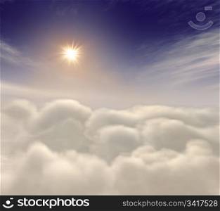 sun rising amongst fluffy clouds in heaven