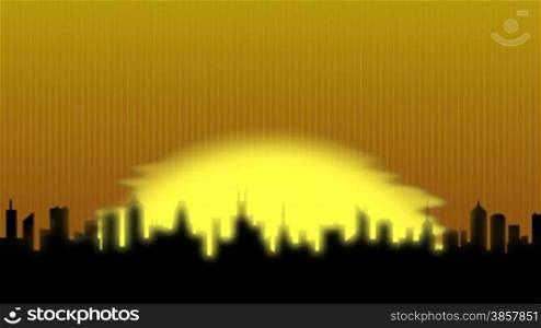 Sun rising over a city skyline, with heat over the horizon creating a wavy effect. Just put in reverse to make a sunset.