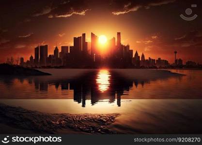sun setting over the city skyline, with the sea in the background, created with generative ai. sun setting over the city skyline, with the sea in the background