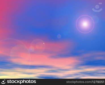 Sun shining in a colorful sunset sky background - 3D render. Sun in the sunset sky background - 3D render