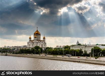 Sun Shining over Cathedral of Christ the Saviour in Moscow, Russia