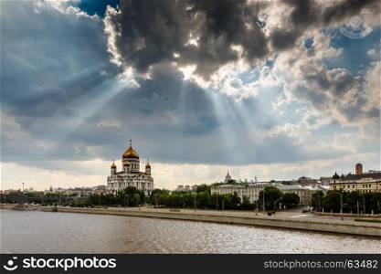 Sun Shining over Cathedral of Christ the Saviour in Moscow, Russia