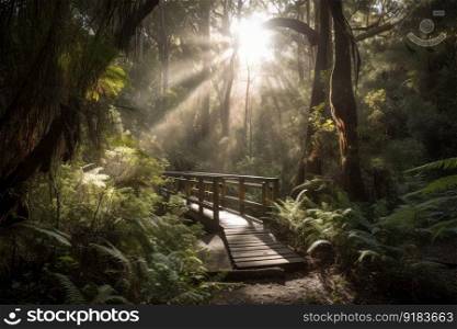 sun shining through the forest canopy, with duckboards path visible below, created with generative ai. sun shining through the forest canopy, with duckboards path visible below