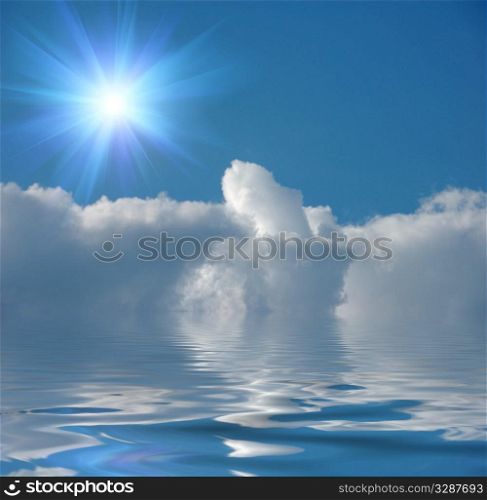 sun, sky, straight line of clouds and water with ripples