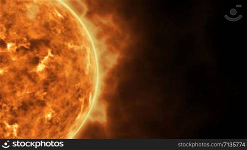 Sun star surface with solar flares, burning of sun animation 3D rendering