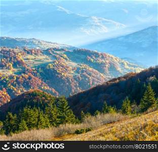 Sunbeam and autumn misty morning mountain view with colorful trees on slope.