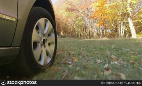 Sunday drive on country road through a forest in autumn for pleasure no destination and no rush, spinning front wheel point of view, hot head camera