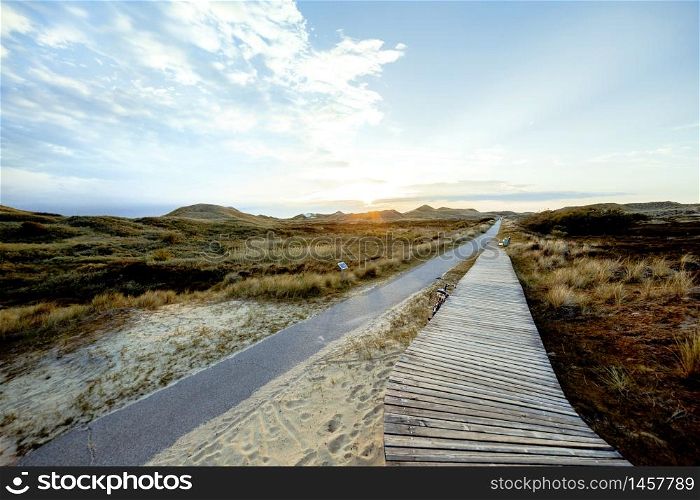 Sundown over dense green bush on coastal dunes with boardwalk leading to calm Sunset with glowing sky on a moody evening. Landscape on Amrum, North Frisian Islands, Schleswig-Holstein, Germany