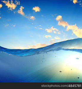 sundown seascape. design template with underwater part and sunset skylight splitted by waterline