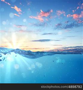 sundown seascape. design template with underwater part and sunset skylight splitted by waterline
