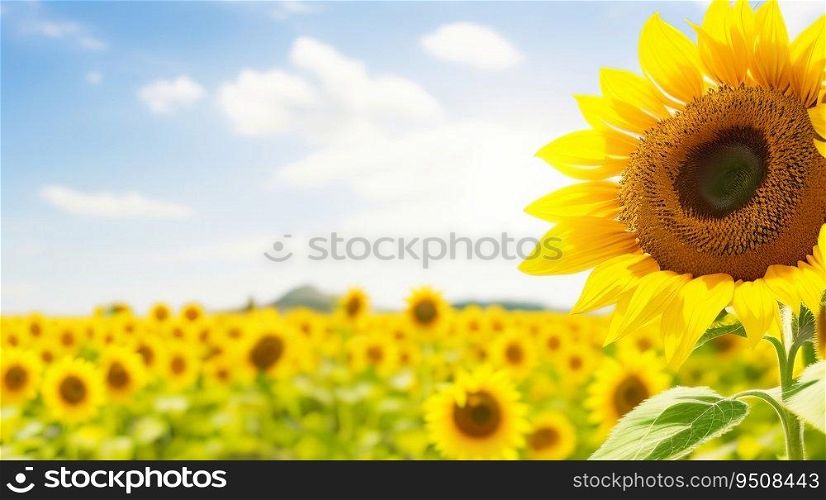 Sunflower Agriculture Banner on Blurred Sunny Nature Background  Vibrant Summer Sunflowers Field. Generative AI.
