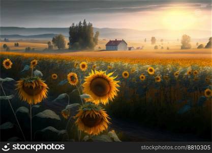 Sunflower field over cloudy blue sky and bright sun lights