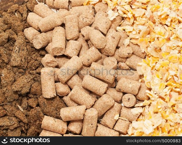 sunflower meal, maize and bran background macro. Food for horses and farm animal