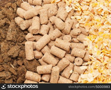 sunflower meal, maize and bran background macro. Food for horses and farm animal