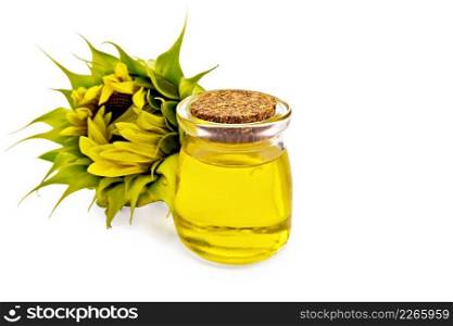 Sunflower oil in glass jar with flower isolated on white background