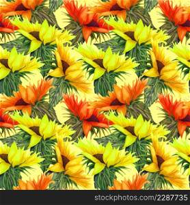 Sunflower seamless pattern. Sunflower fabric background. Big abstract sunflower flowers hand drawn with watercolor.