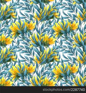 Sunflower seamless pattern. Sunflower fabric background. Big abstract sunflower flowers with blue leaves and twigs hand drawn with watercolor.