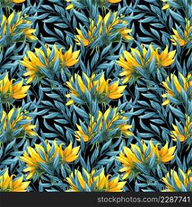 Sunflower seamless pattern. Sunflower fabric background. Big abstract sunflower flowers with blue leaves and twigs hand drawn with watercolor.