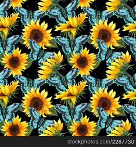 Sunflower seamless pattern. Sunflower fabric background. Big abstract sunflower flowers with graphic blue batterflies hand drawn with watercolor.