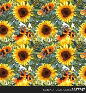 Sunflower seamless pattern. Sunflower fabric background. Big bright sunflower flowers hand drawn with leaves in watercolor.