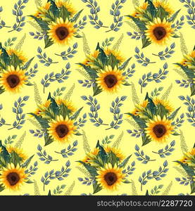 Sunflower seamless pattern. Sunflower fabric background. Flowers, buds and leaf hand drawn with watercolor.