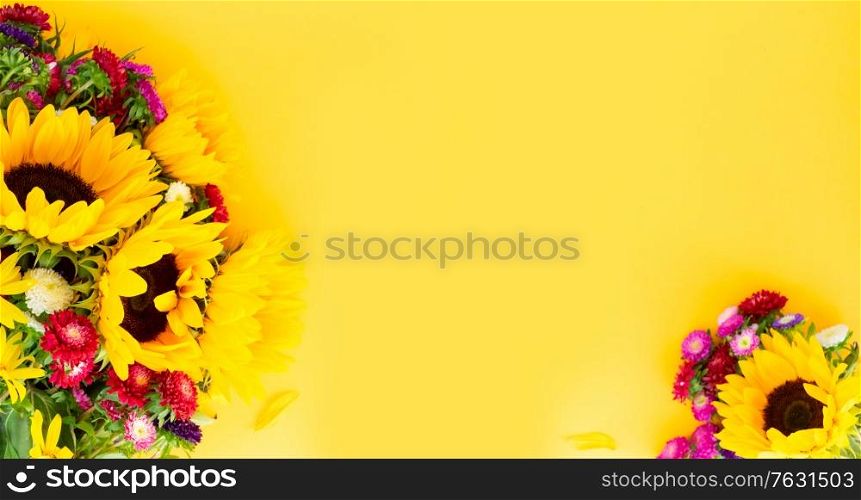 Sunflowers and aster fresh flowers frame , top view on yellow background with copy space, naturall fall flowers background. Sunflowers on white