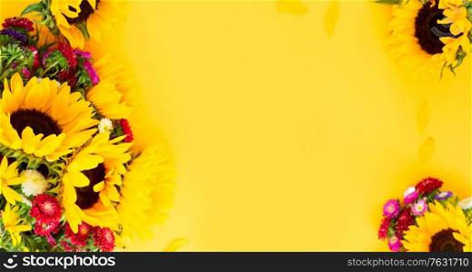 Sunflowers and aster fresh flowers frame , top view on yellow background with copy space, naturall fall flowers background banner. Sunflowers on white
