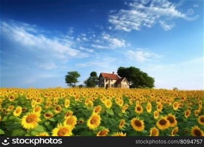 Sunflowers field near house. Blue sunny sky. Generate Ai. Sunflowers field near house. Generate Ai