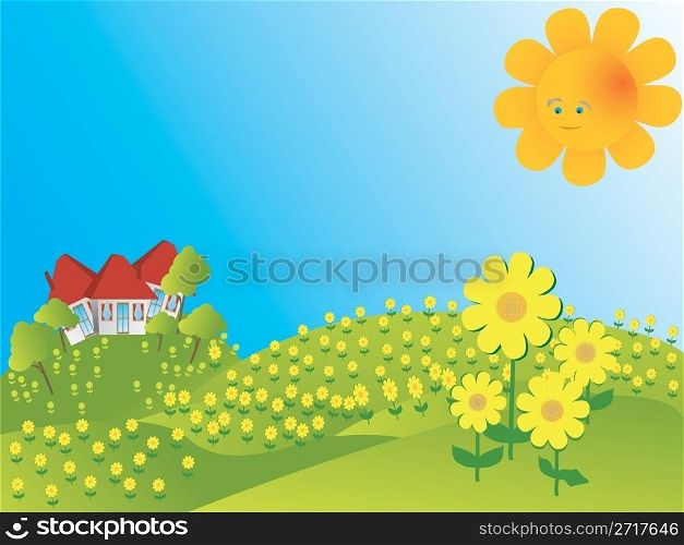 Sunflowers field with stylise houses and smiling sun.