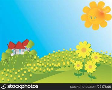 Sunflowers field with stylise houses and smiling sun.